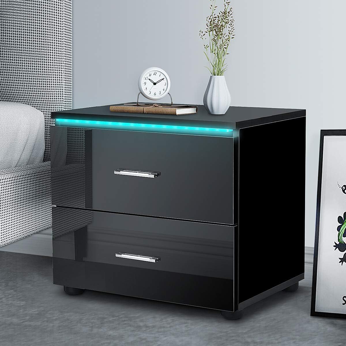 Black 2 Drawer LED Nightstand N755659