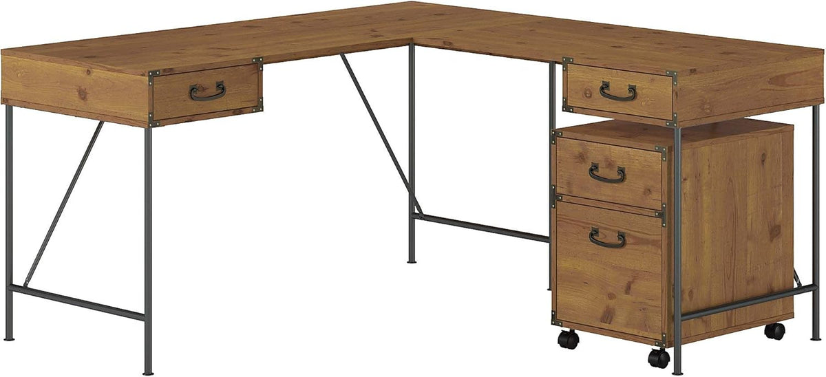 Vintage Golden Pine Writing Desk and 2 Drawer File Cabinet S6688