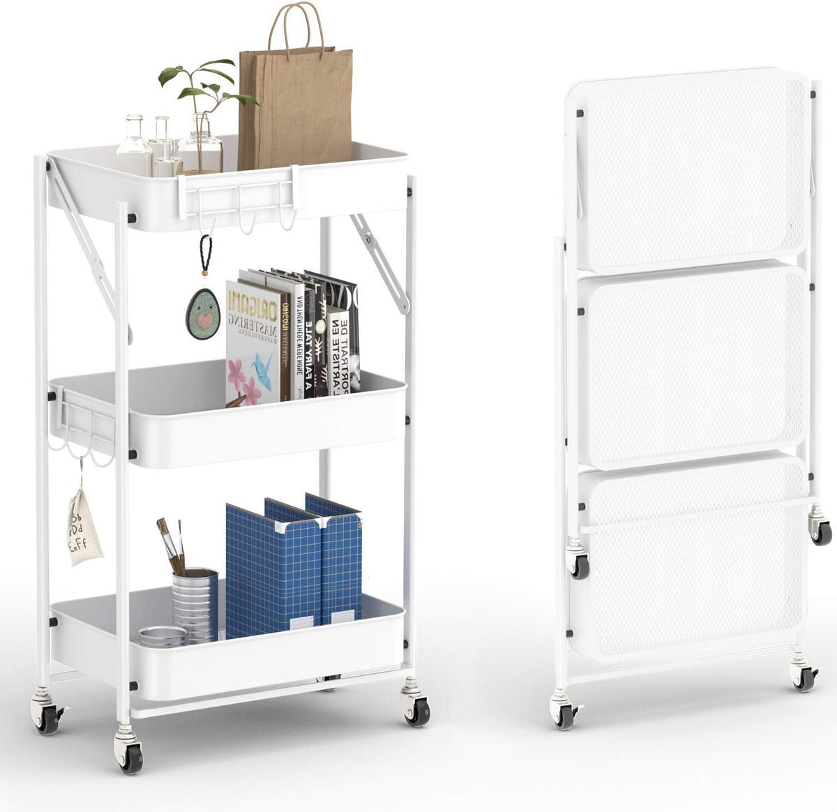 3-Tier Foldable Metal Rolling Cart with Hooks D89789