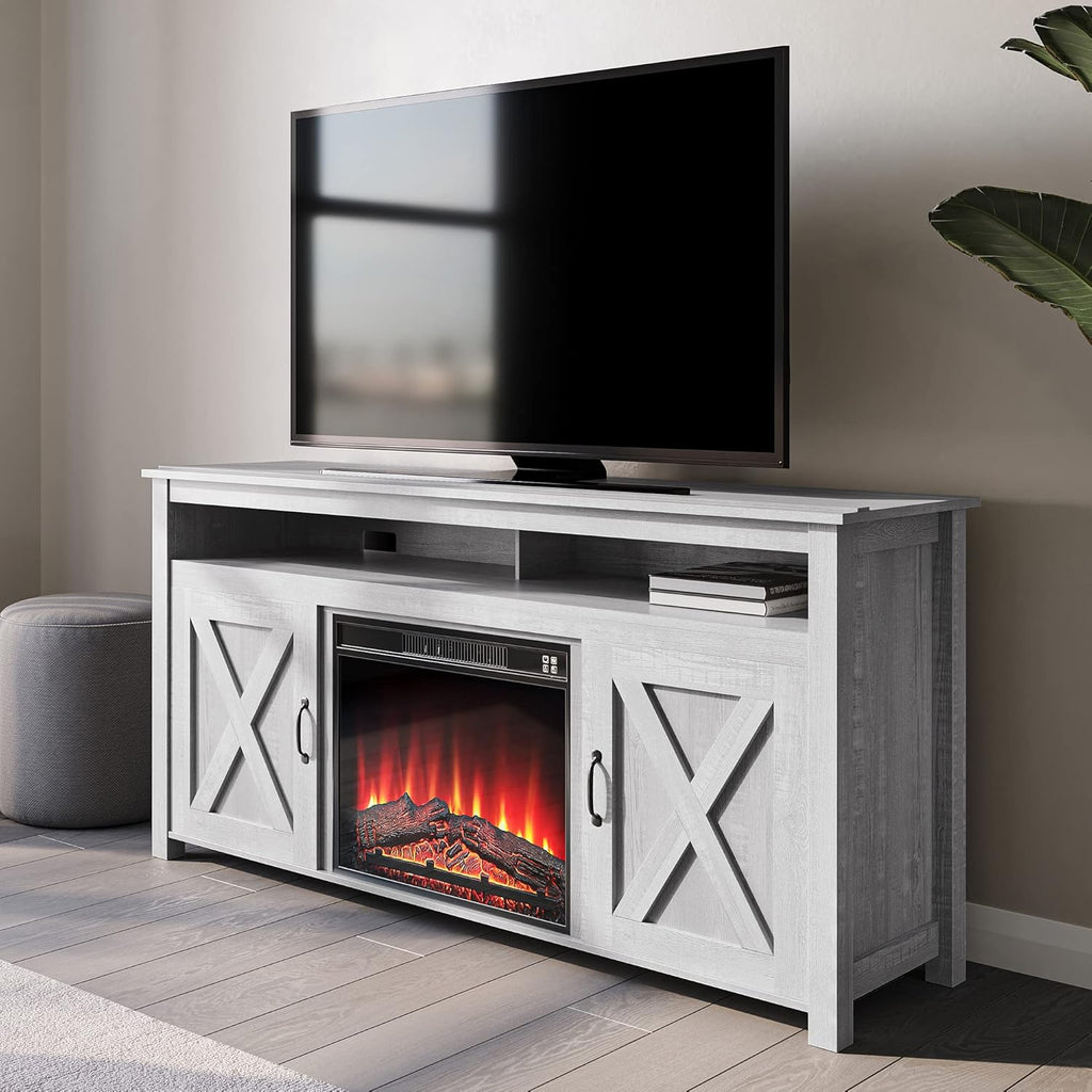 Barn Door Wood TV Stand & Media Console Table with Open Shelves and Cabinets C383839