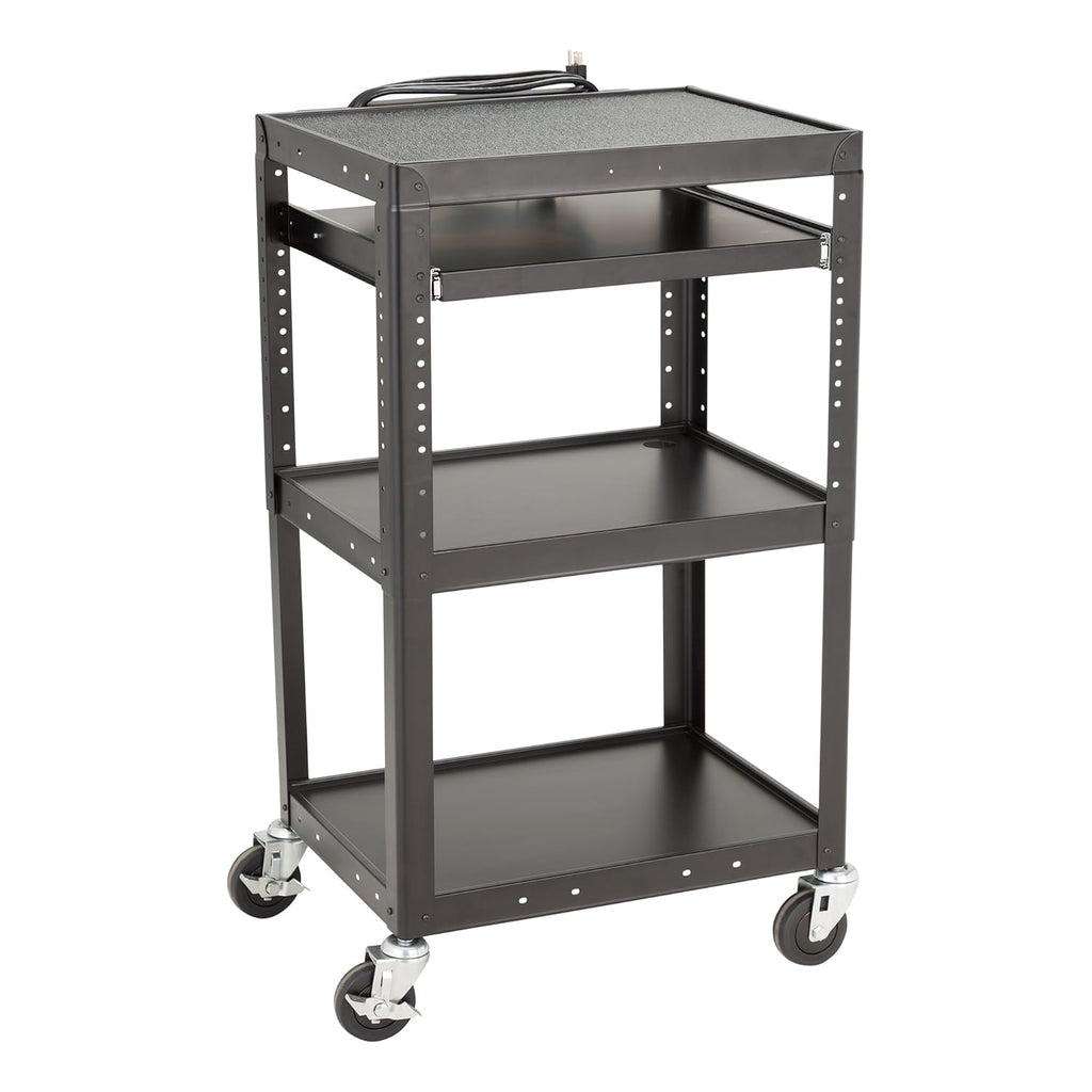 Adjustable Height Metal AV Cart with Electric Power Cord, Black S840209