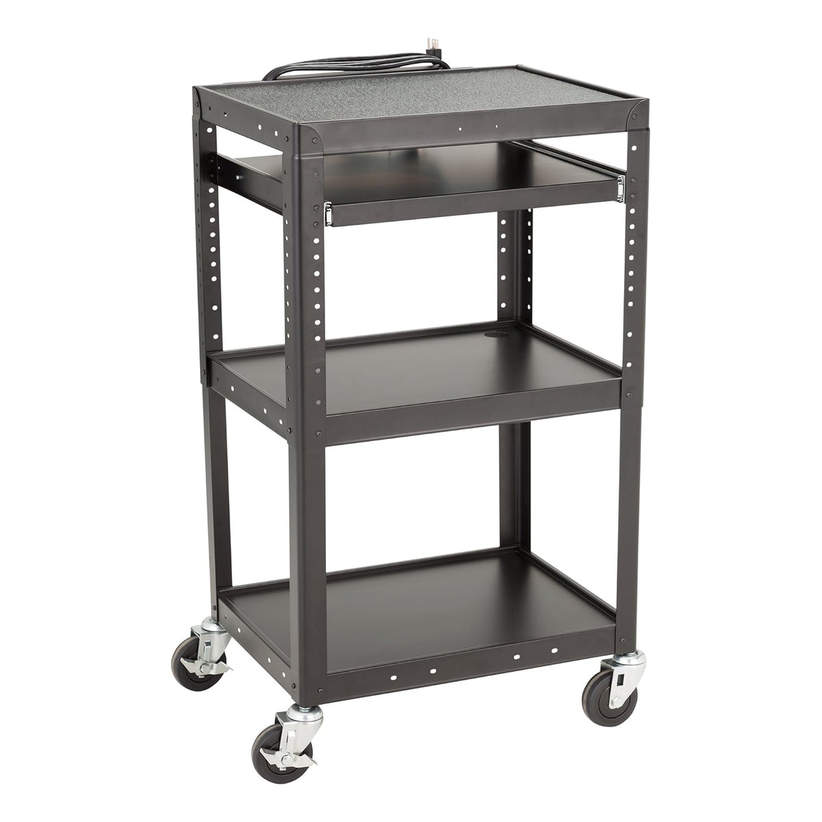 Adjustable Height Metal AV Cart with Electric Power Cord, Black S840209