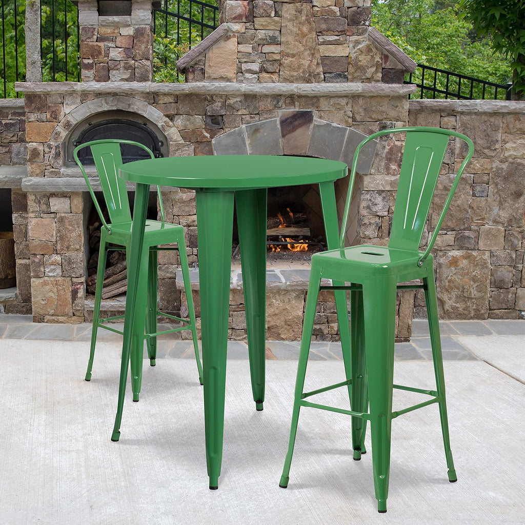 30 Round Silver Metal Indoor-Outdoor Bar Table Set with 2 Cafe Stools N652599