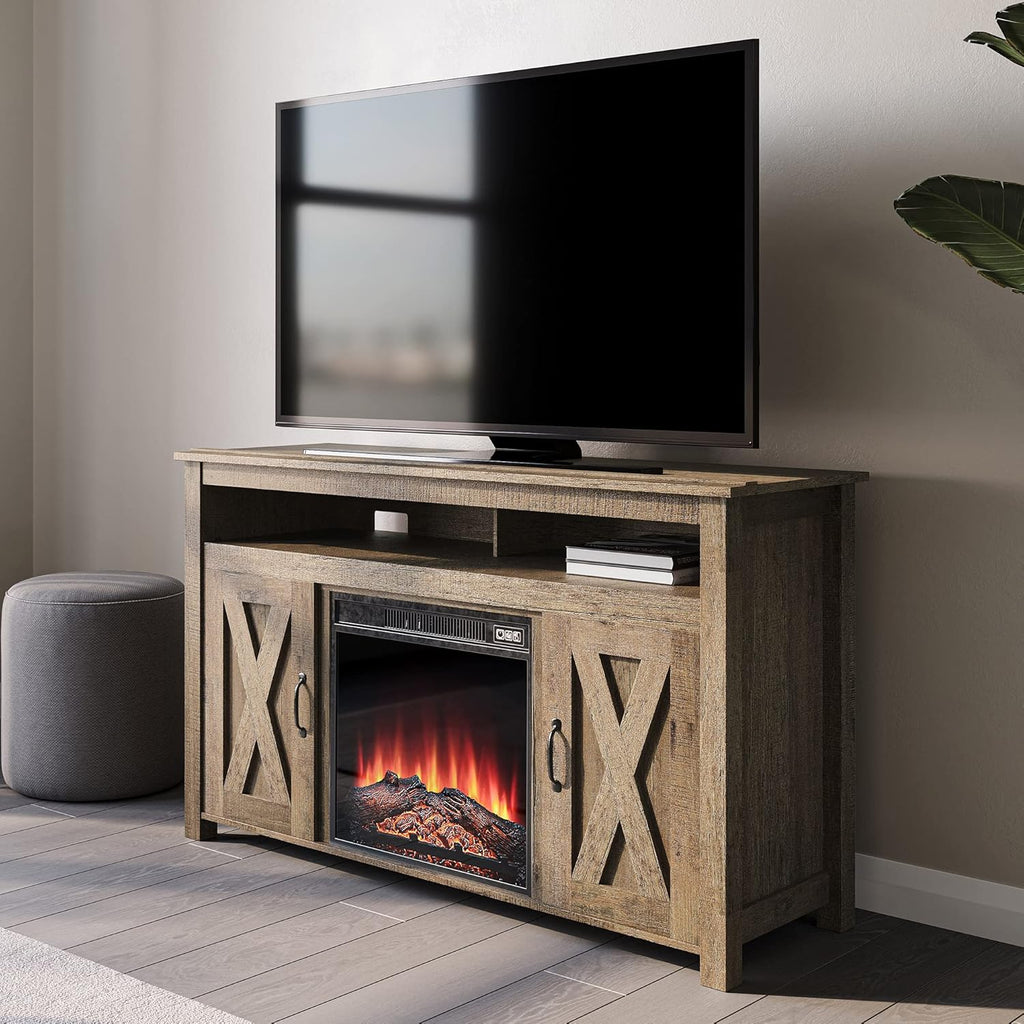 Barn Door Wood TV Stand & Media Console Table with Open Shelves and Cabinets C383839