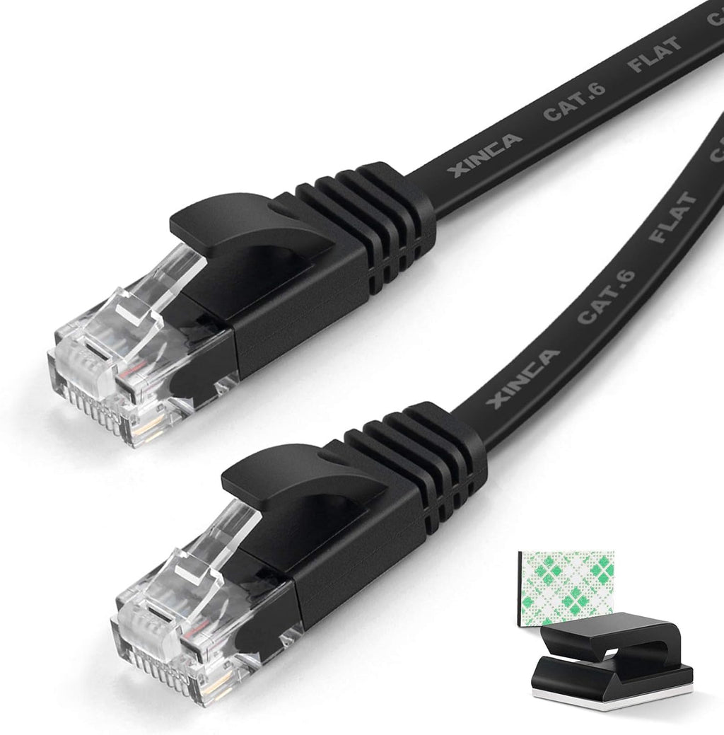 Cat6 Ethernet Cable 75 ft Black Flat Network LAN Cable with Cable Clips V466261