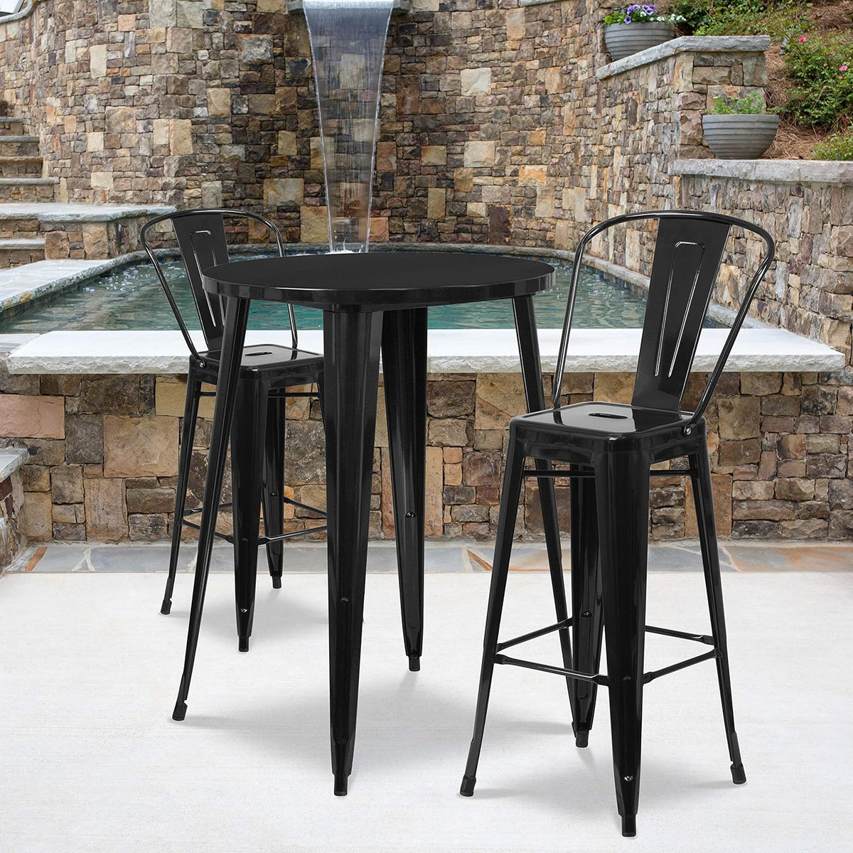 30 Round Silver Metal Indoor-Outdoor Bar Table Set with 2 Cafe Stools N652599