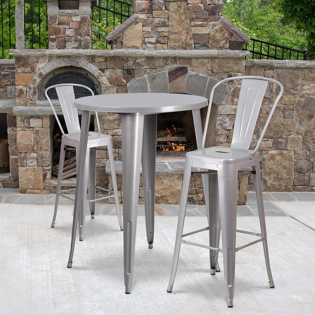 30 Round Silver Metal Indoor-Outdoor Bar Table Set with 2 Cafe Stools N652599