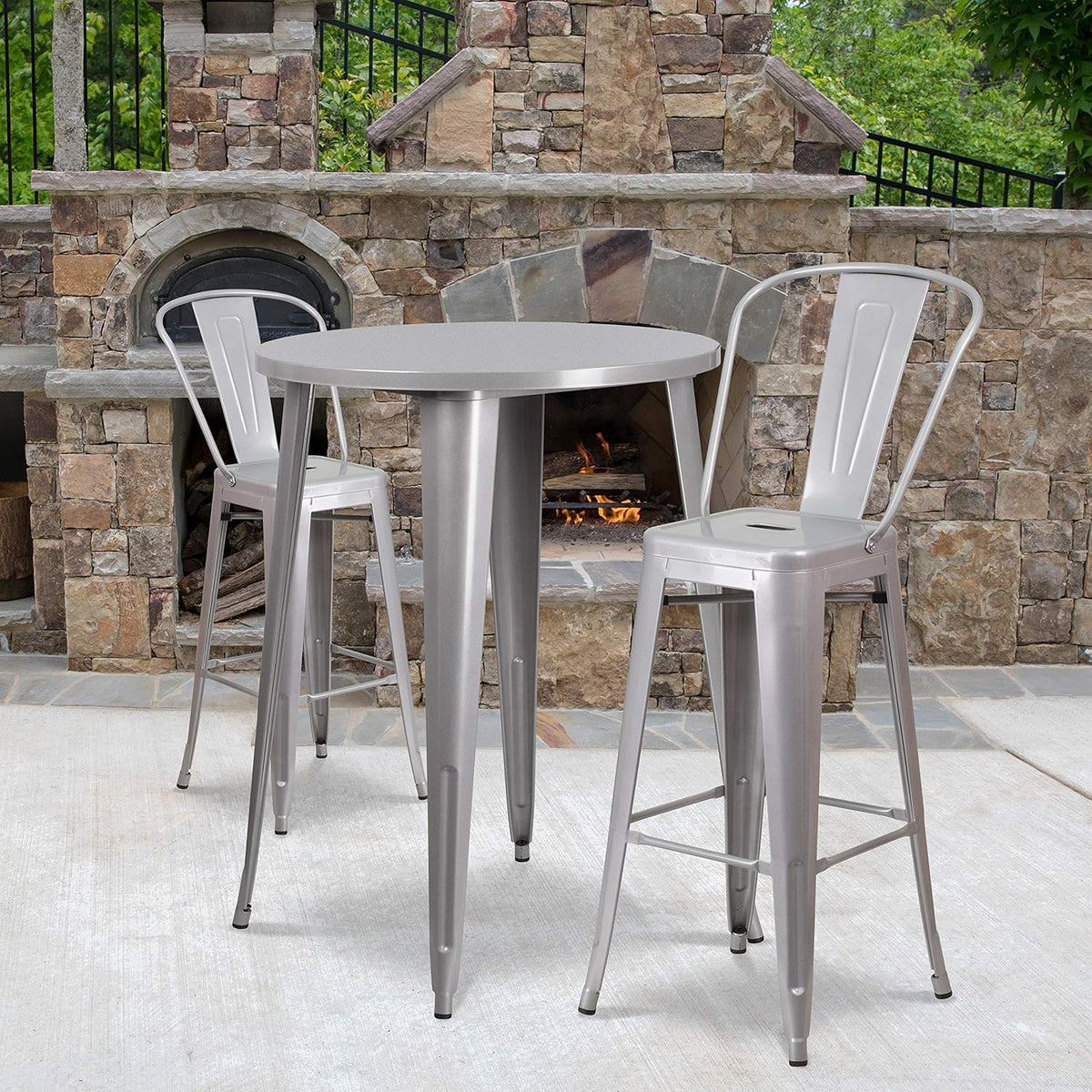 30 Round Silver Metal Indoor-Outdoor Bar Table Set with 2 Cafe Stools N652599