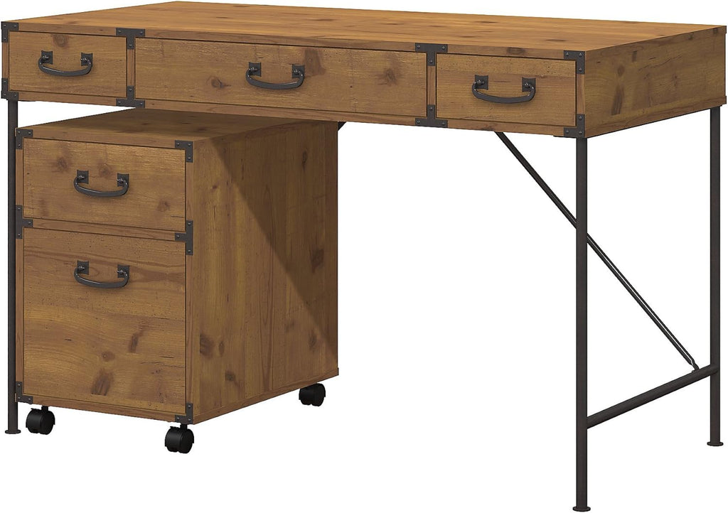 Vintage Golden Pine Writing Desk and 2 Drawer File Cabinet S6688