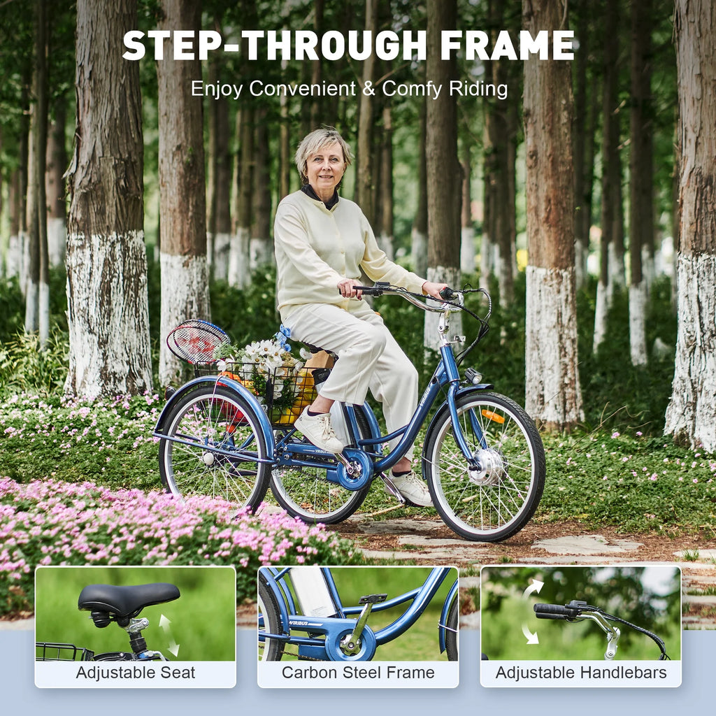 26" 350W Electric Tricycle with Basket 36V 10Ah Navy G85503