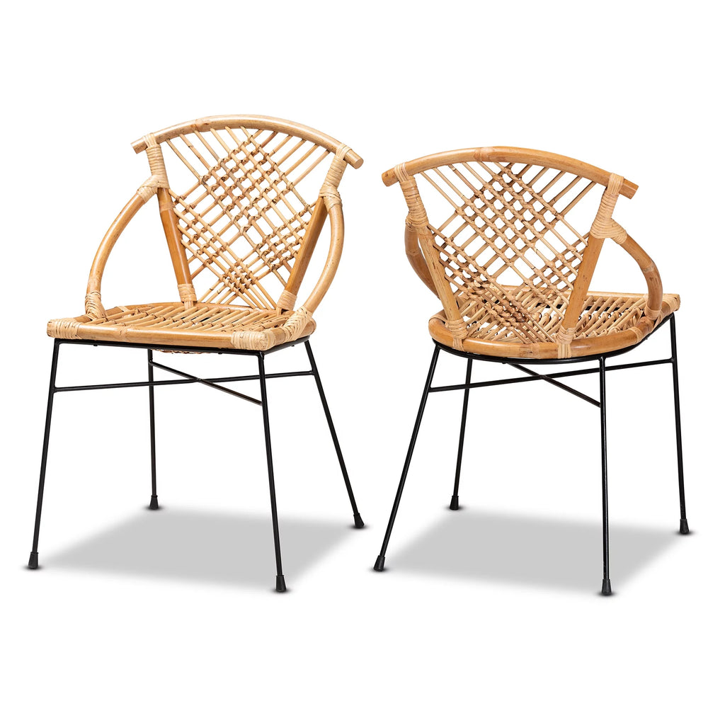 Natural Brown Rattan and Black Metal 2-Piece Dining Chair Set U40364