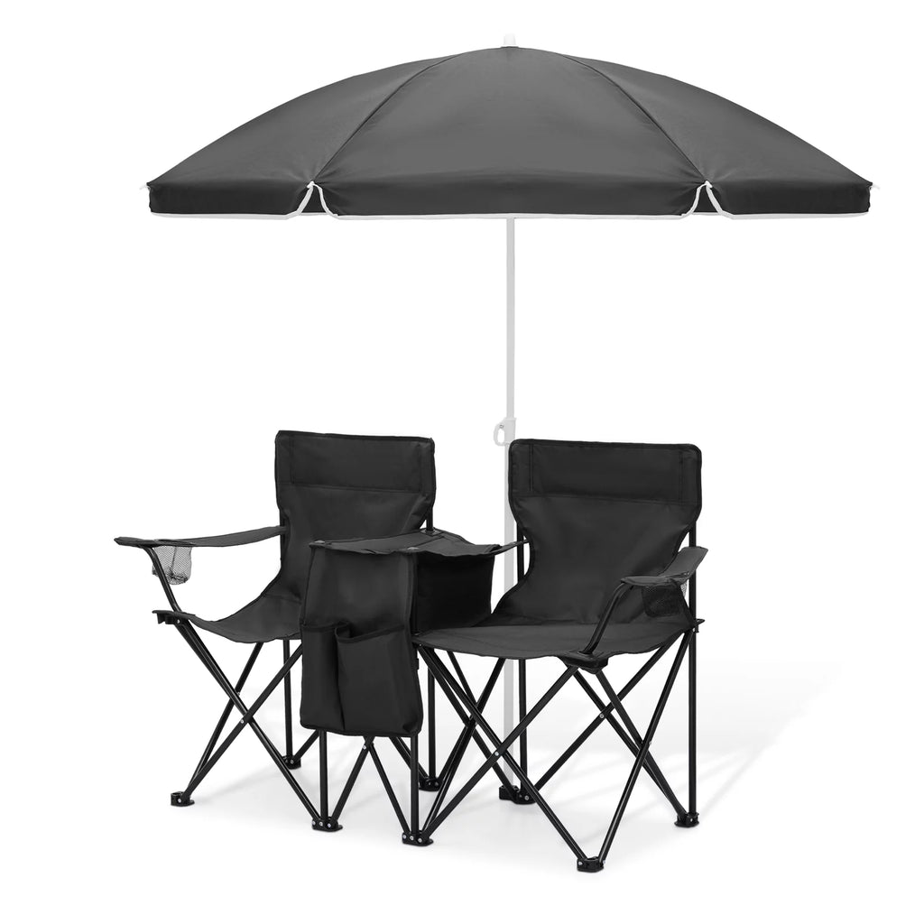 Portable Double Folding Chair with Umbrella, Cooler Bag & Carry Bag, Black G328