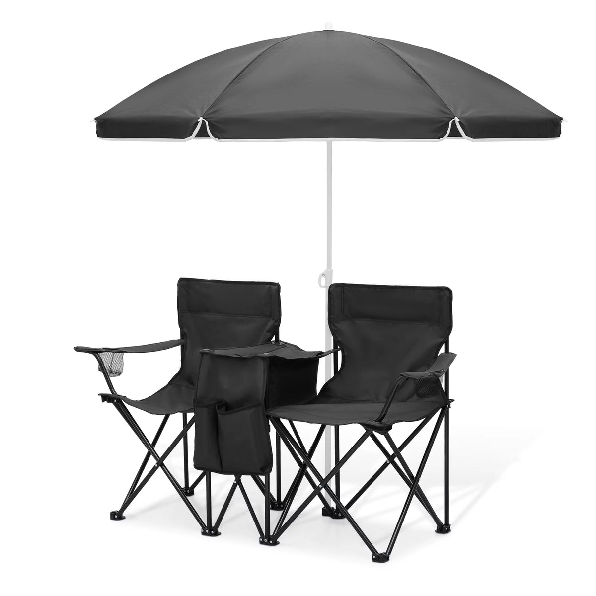 Portable Double Folding Chair with Umbrella, Cooler Bag & Carry Bag, Black G328