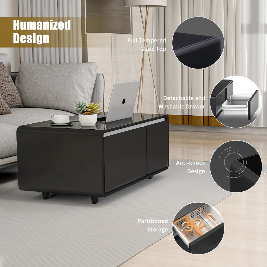 41.5" Smart Coffee Table with Fridge Drawers, Wireless Charging, USB Ports and Outlet, Black X32461