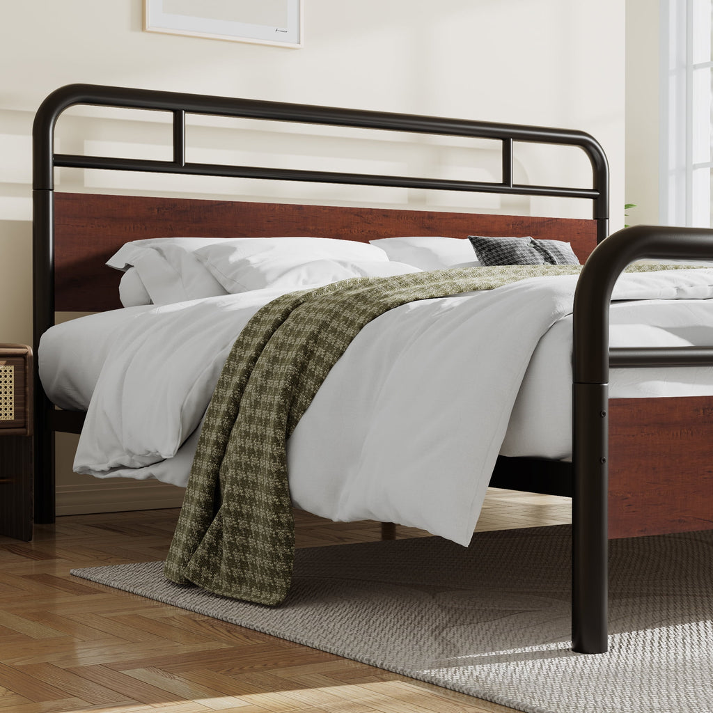 Dark Brown King Size Metal Platform Bed Frame with Wooden Headboard Y549
