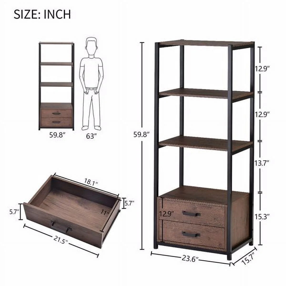 4-Tier Brown Bookshelf with Two Drawers G201