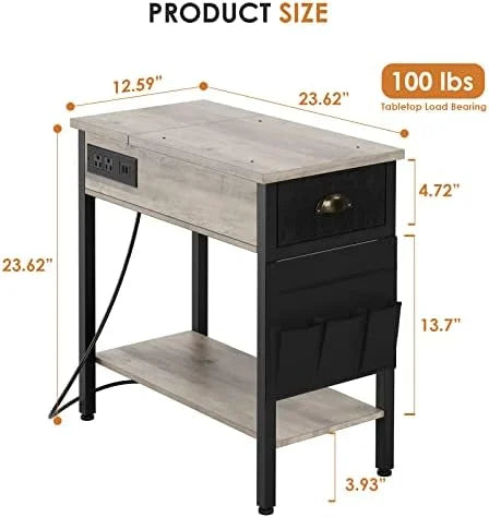 Set of 2 Black Narrow End Tables with Charging Station S969