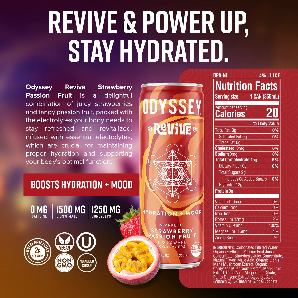 Sparkling Mushroom Drink Strawberry Passion Fruit Flavor 12 Fl oz (Pack of 12) D216576