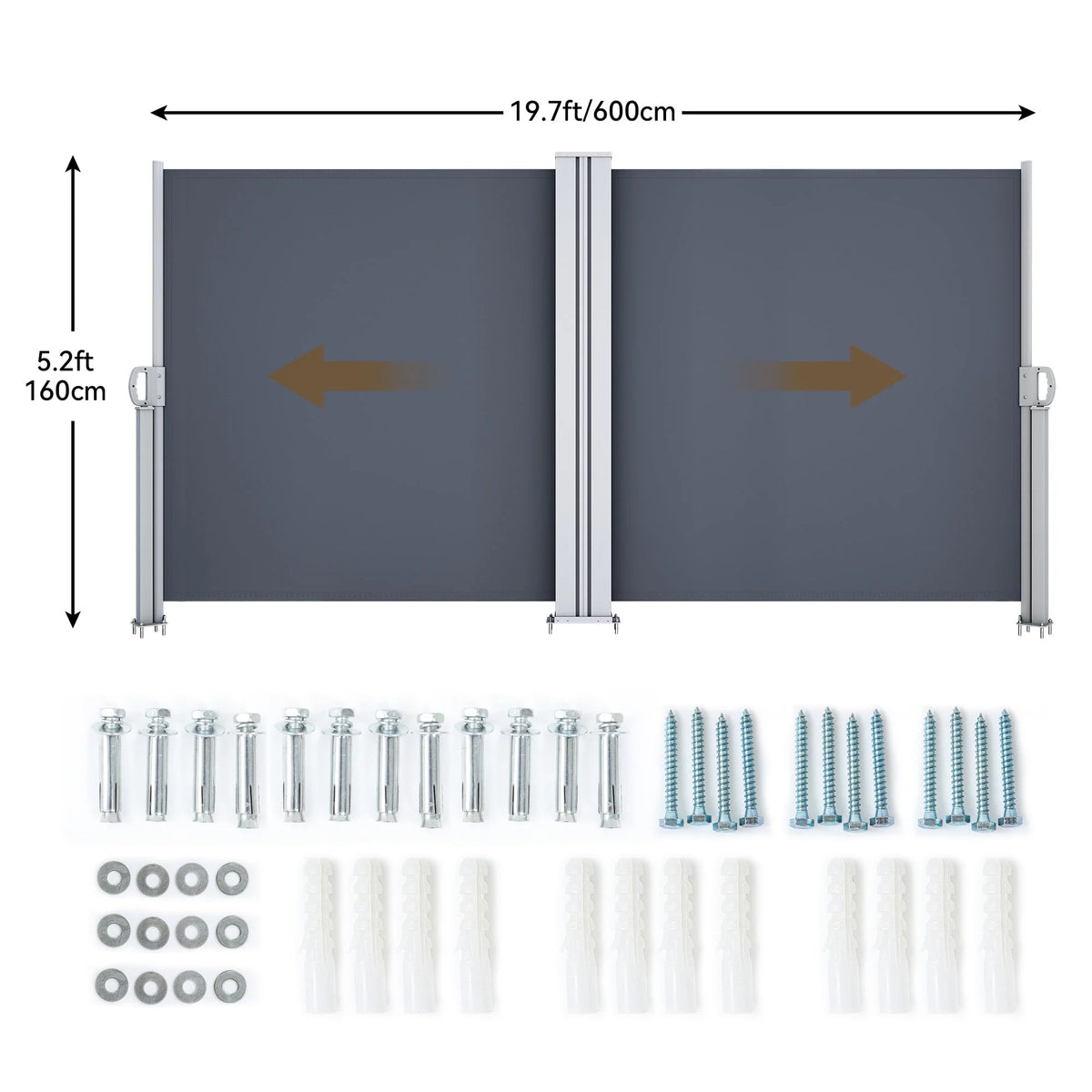 Double Side Awning 236''X 63'', Retractable Waterproof UV-Resistant Privacy Screen, Gray E18898