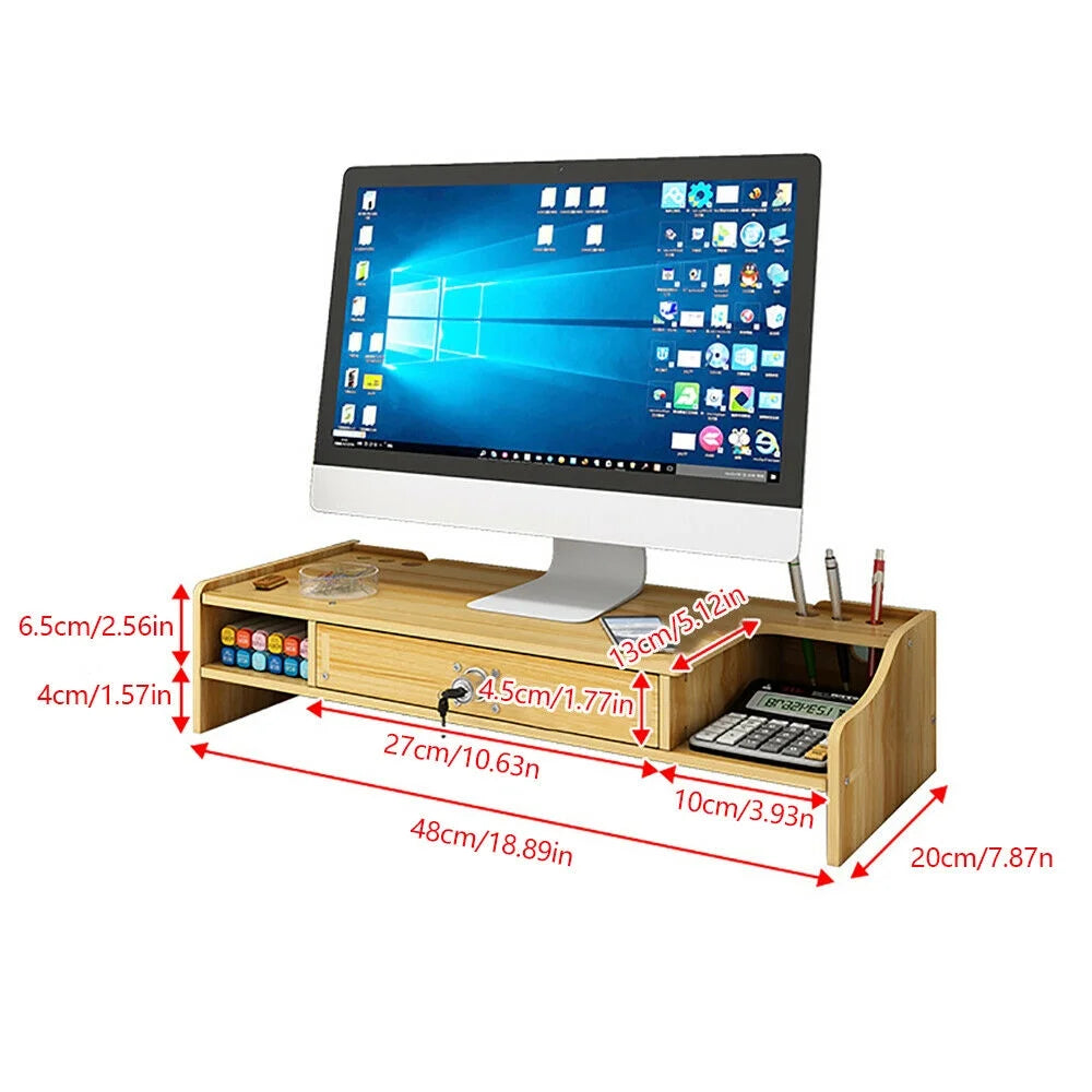 Cherry Wood Color Computer Monitor Riser Stand with Drawer A3318