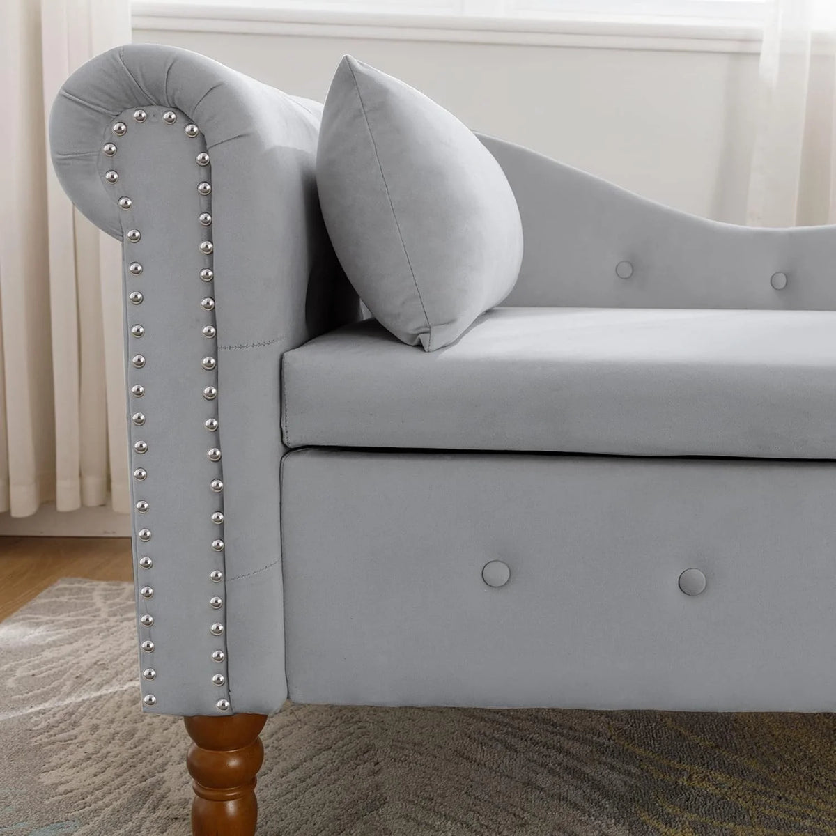 Grey Velvet Chaise Lounge Chair with Storage & Pillow P820139