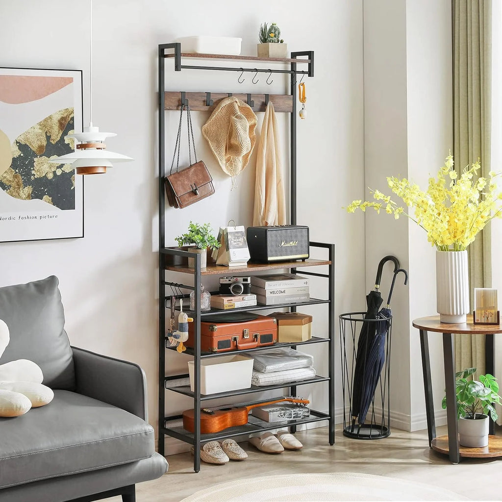 Coat Rack Shoe Rack, 4 in 1 Hall Tree with 5-Tier Storage Shelf and 9 Hooks W808