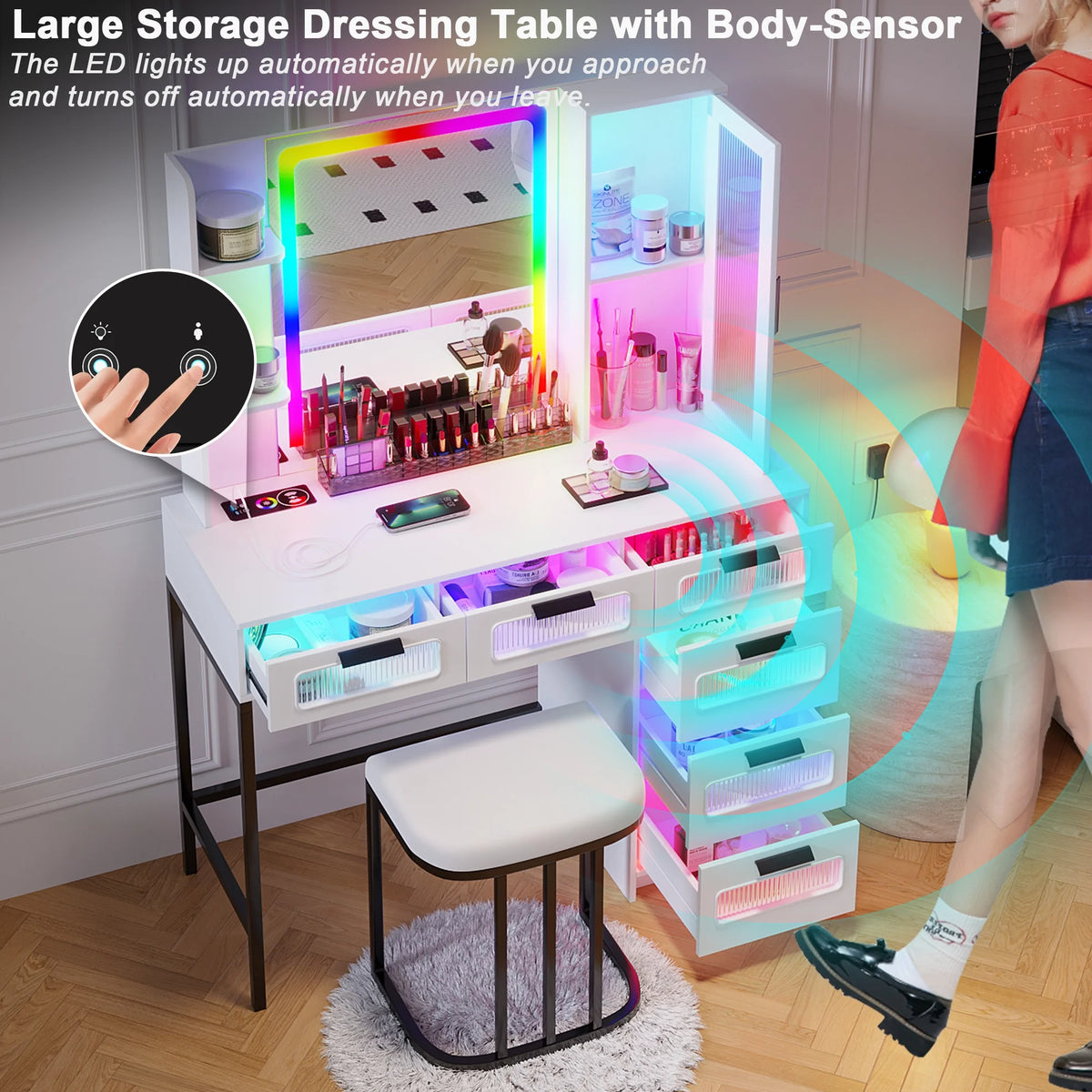 White Vanity with Lights and 6 Drawers Z57953