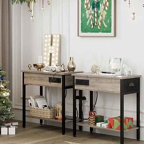 Set of 2 Black Narrow End Tables with Charging Station S969