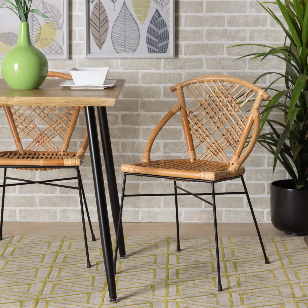 Natural Brown Rattan and Black Metal 2-Piece Dining Chair Set U40364