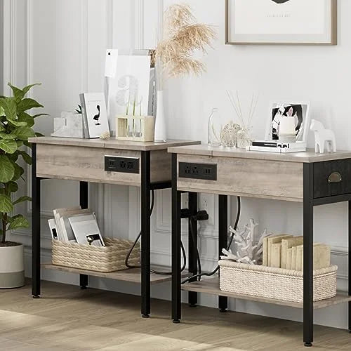 Set of 2 Black Narrow End Tables with Charging Station S969