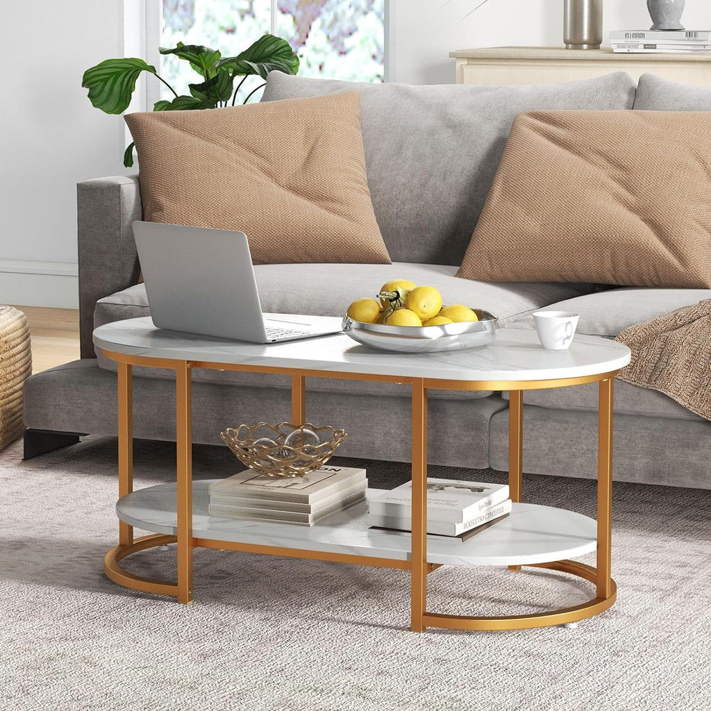 Gold 39” Oval 2 Tiers Faux Marble Top Metal Frame Coffee Table Q4357