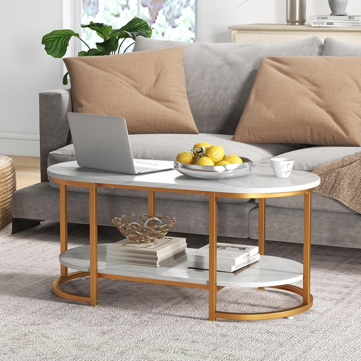 Gold 39” Oval 2 Tiers Faux Marble Top Metal Frame Coffee Table Q4357