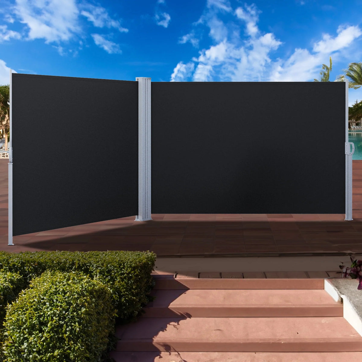 Double Side Awning 236''X 63'', Retractable Waterproof UV-Resistant Privacy Screen, Gray E18898