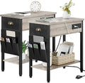 Set of 2 Black Narrow End Tables with Charging Station S969