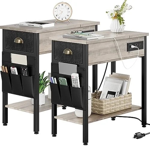 Set of 2 Black Narrow End Tables with Charging Station S969