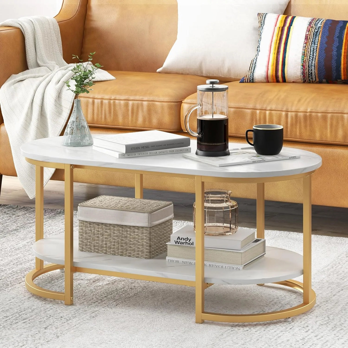 Gold 39” Oval 2 Tiers Faux Marble Top Metal Frame Coffee Table Q4357