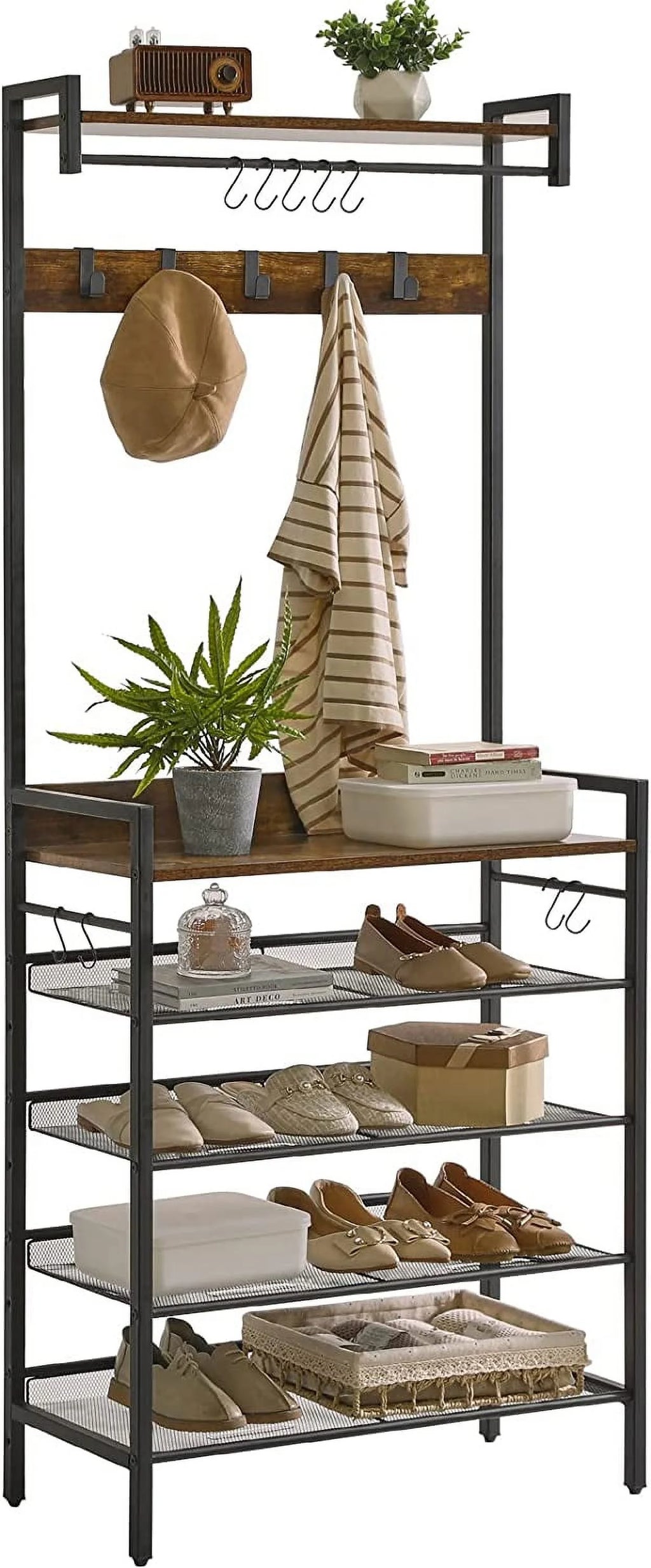 Coat Rack Shoe Rack, 4 in 1 Hall Tree with 5-Tier Storage Shelf and 9 Hooks W808