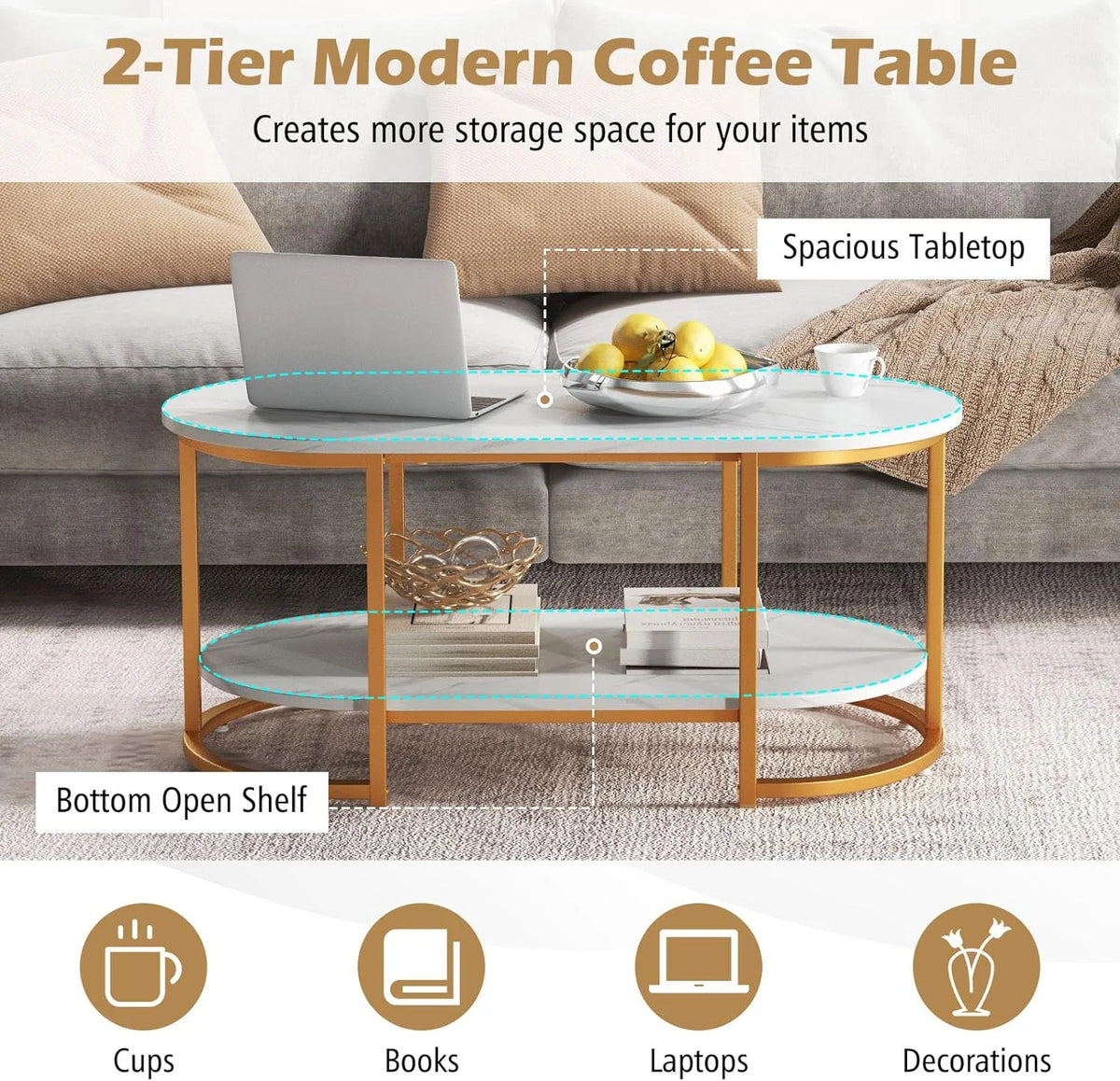 Gold 39” Oval 2 Tiers Faux Marble Top Metal Frame Coffee Table Q4357