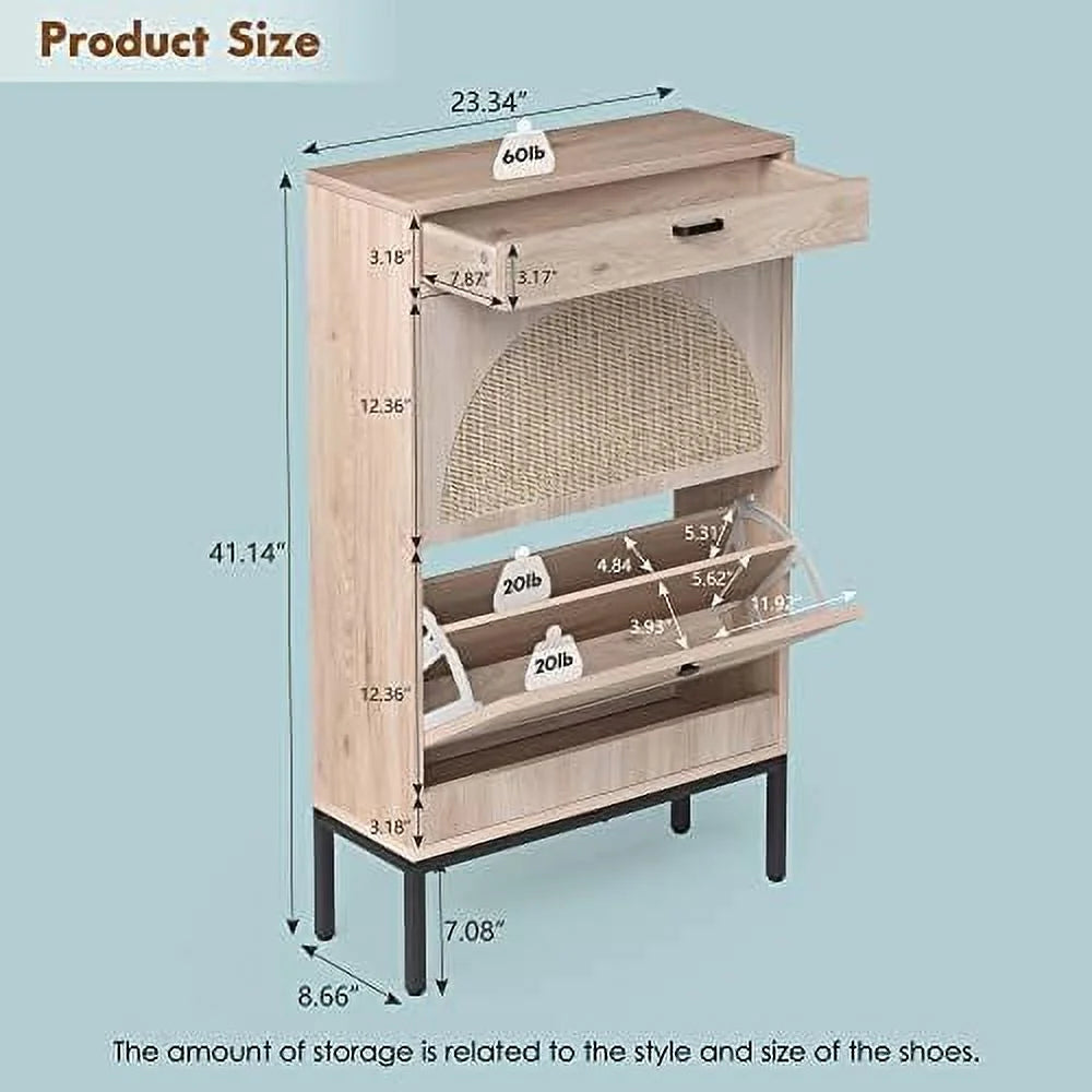 Shoe Cabinet with Flip Drawers and Woven Rattan Doors B87715