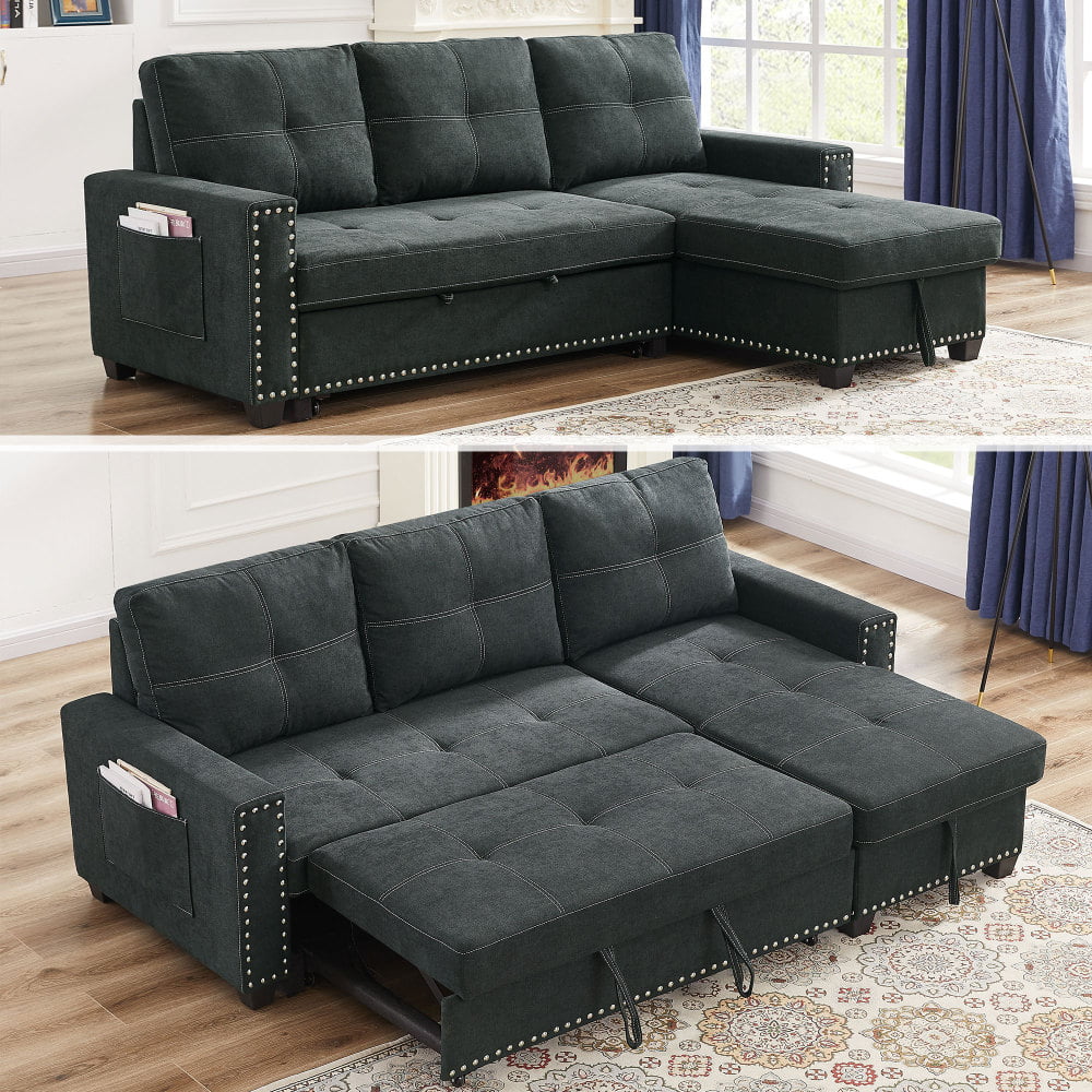 Black Fabric Sectional Sofa with Pull Out Bed X1740