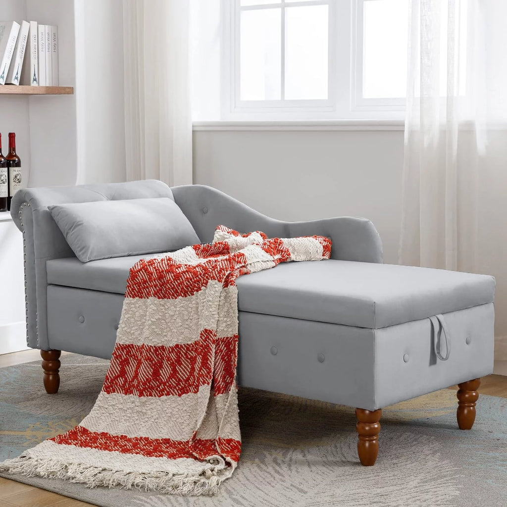 Grey Velvet Chaise Lounge Chair with Storage & Pillow P820139