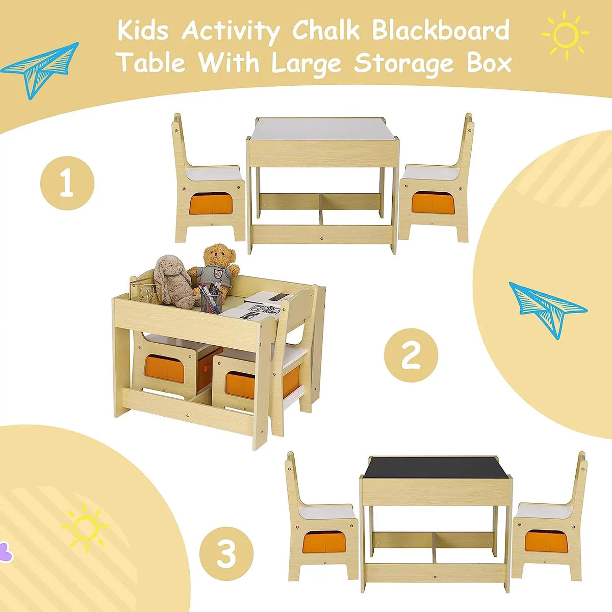 Wooden Kids Table and 2 Chairs Set with Storage Z359