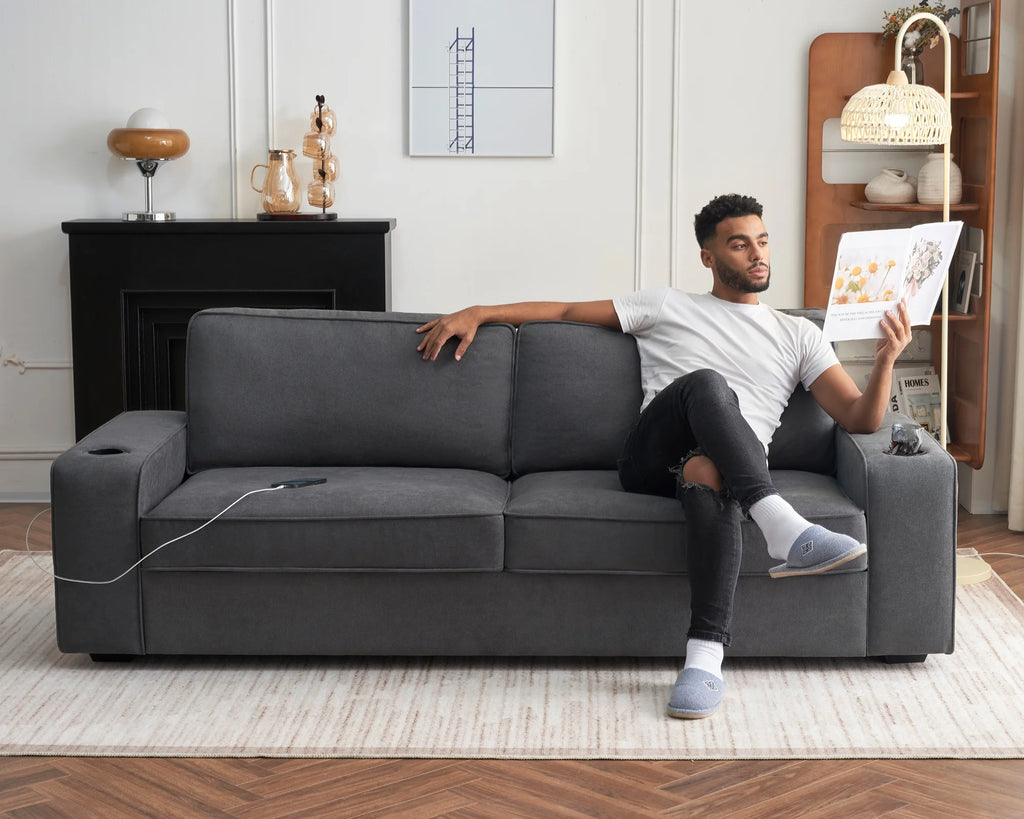 Grey Chenille Sofa with USB Charging Ports & Cup Holders F3148