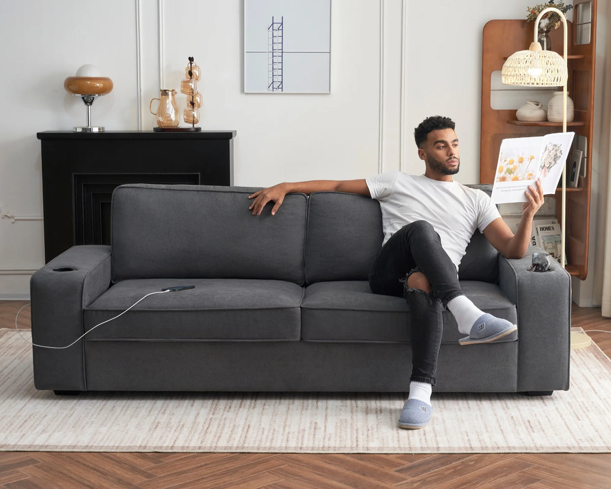 Grey Chenille Sofa with USB Charging Ports & Cup Holders F3148