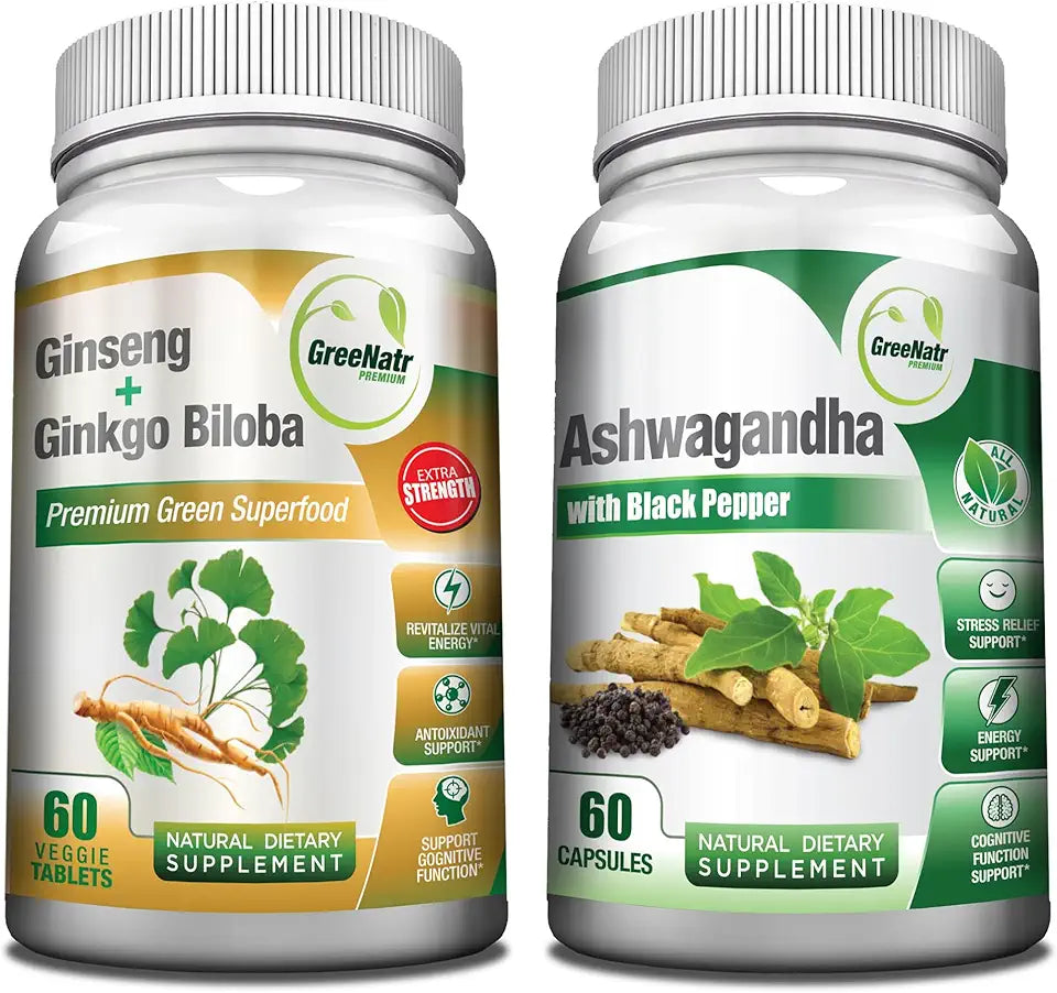 Organic Ashwagandha Capsules with Black Pepper and Ginseng Ginkgo Biloba Tablets L9033
