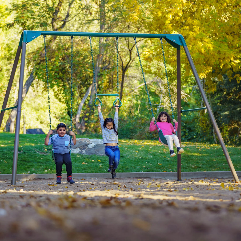 Kid's Metal Swing Set with 2 Belt Swings and Trapeze Bar G90725