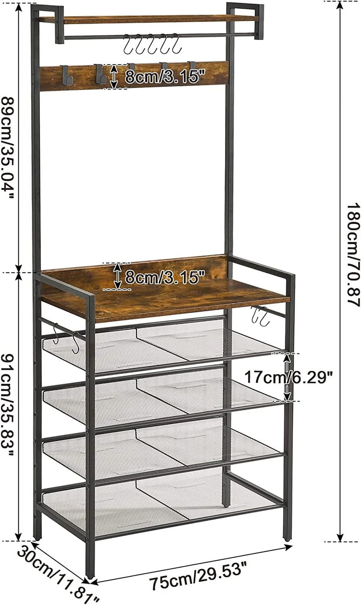Coat Rack Shoe Rack, 4 in 1 Hall Tree with 5-Tier Storage Shelf and 9 Hooks W808