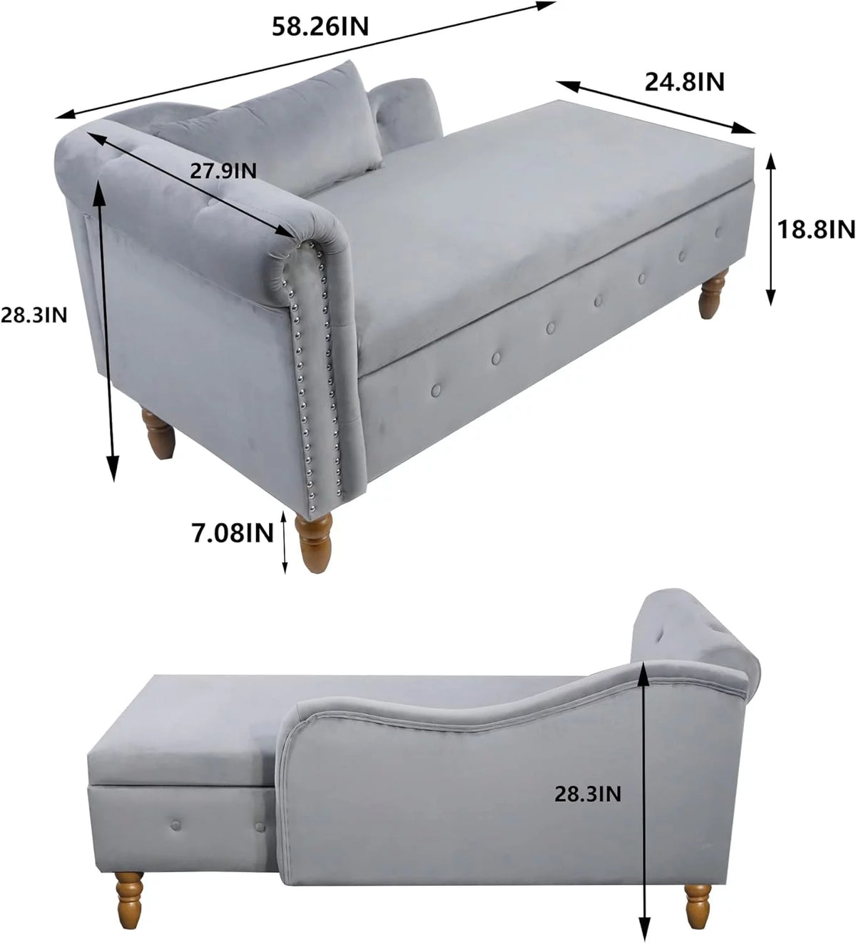 Grey Velvet Chaise Lounge Chair with Storage & Pillow P820139