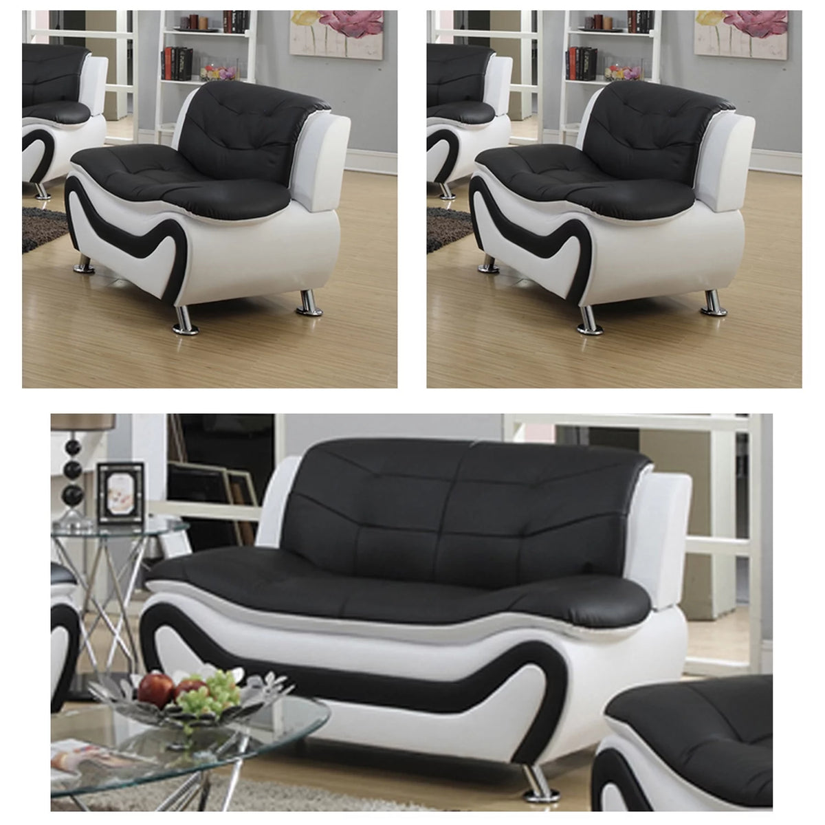 Black and White Faux Leather Loveseat and 2-Chair Set G33940