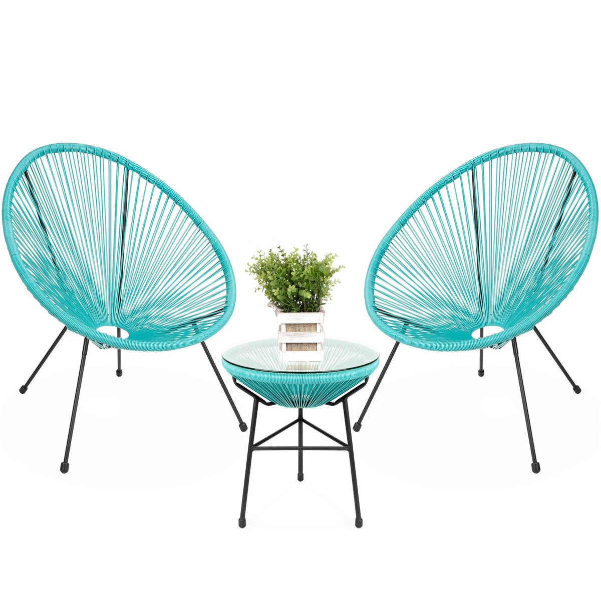 Light Blue 3-Piece Rope Patio Bistro Furniture Set with Glass Top Table X945